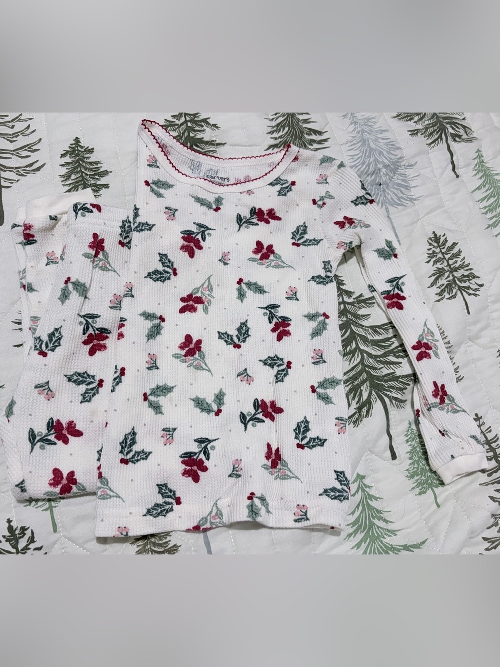 Carter's White Waffle-Knit Pajama Set with Red Floral & Green Holly Print